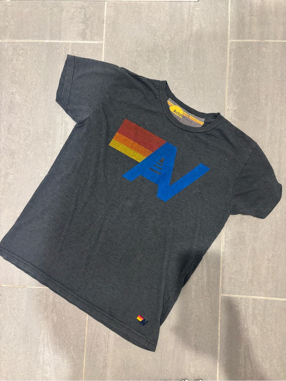 Aviator Nation Kids Charcoal Tee with Blue Logo & Red-Orange-Yellow Stripe